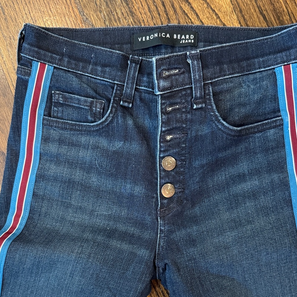 Veronica Beard Dark Wash Jeans with Red and Blue Stripes